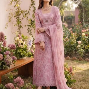 Pink Rose Embroidered Lawn Suit (3PC)