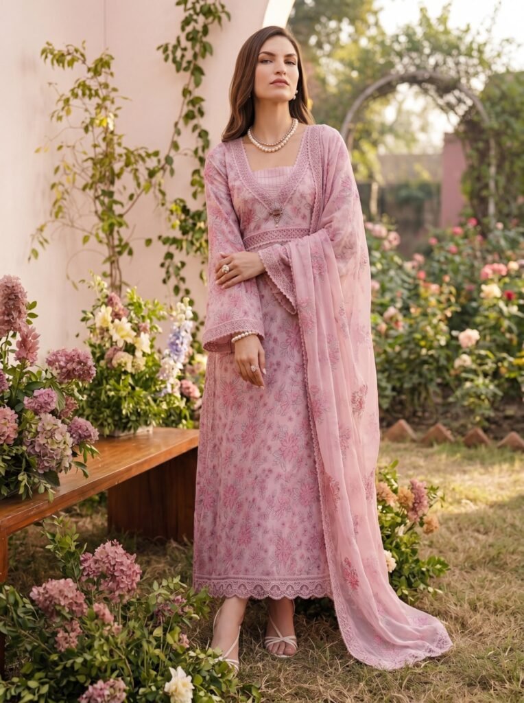 Pink Rose Embroidered Lawn Suit (3PC)