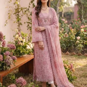 Pink Rose Embroidered Lawn Suit (3PC)